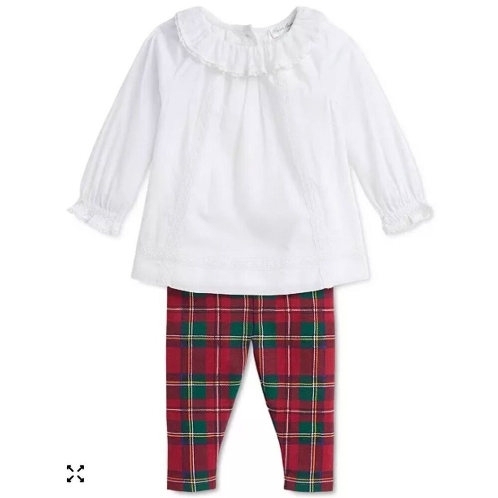 NWT Polo Ralph Lauren Baby Lace Trim Top Plaid Leggings Set Size 12M $75 [jb]